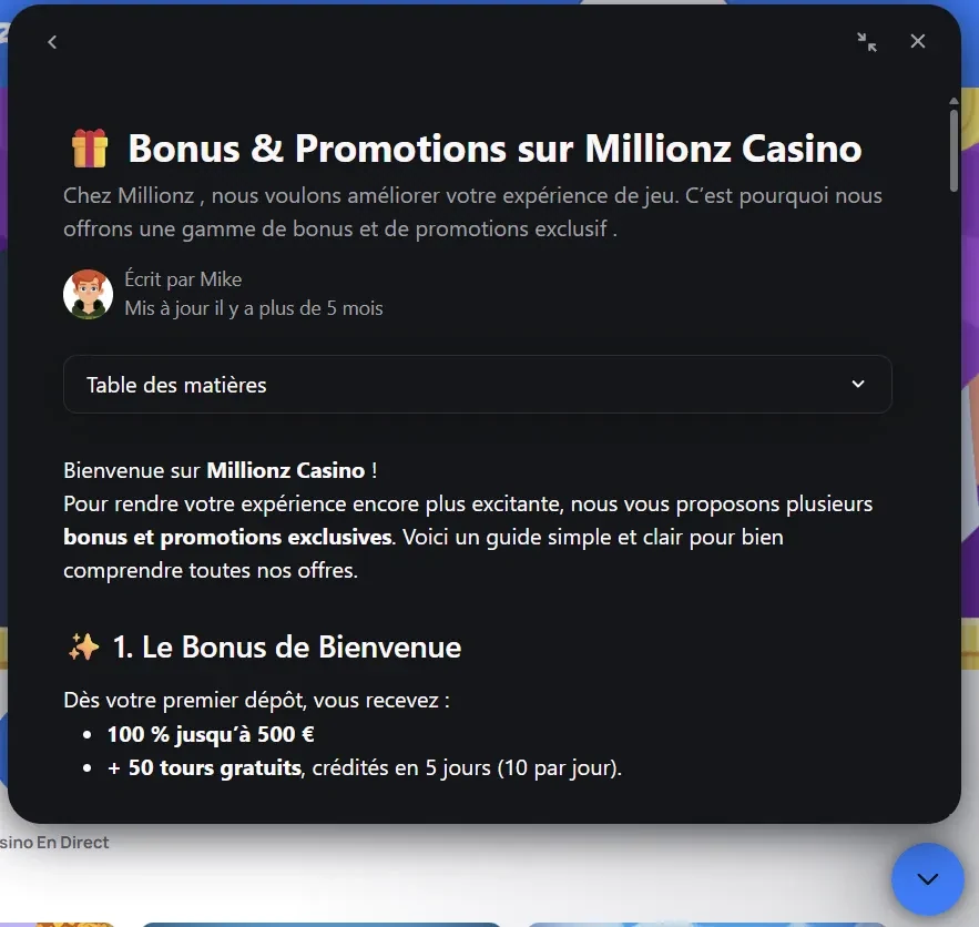 Chat d'assistance de Millionz Casino